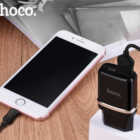 Мережевий зарядний пристрій Hoco C12, 12 Вт, чорний, з кабелем Lightning для Apple, 2 порта, #6957531064107 Прев'ю 1